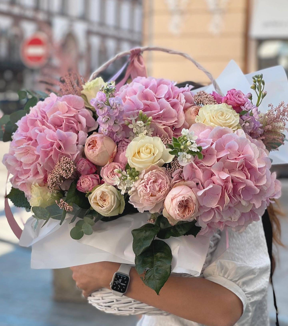Soft Pink Basket with Hydrangeas & Peony Roses