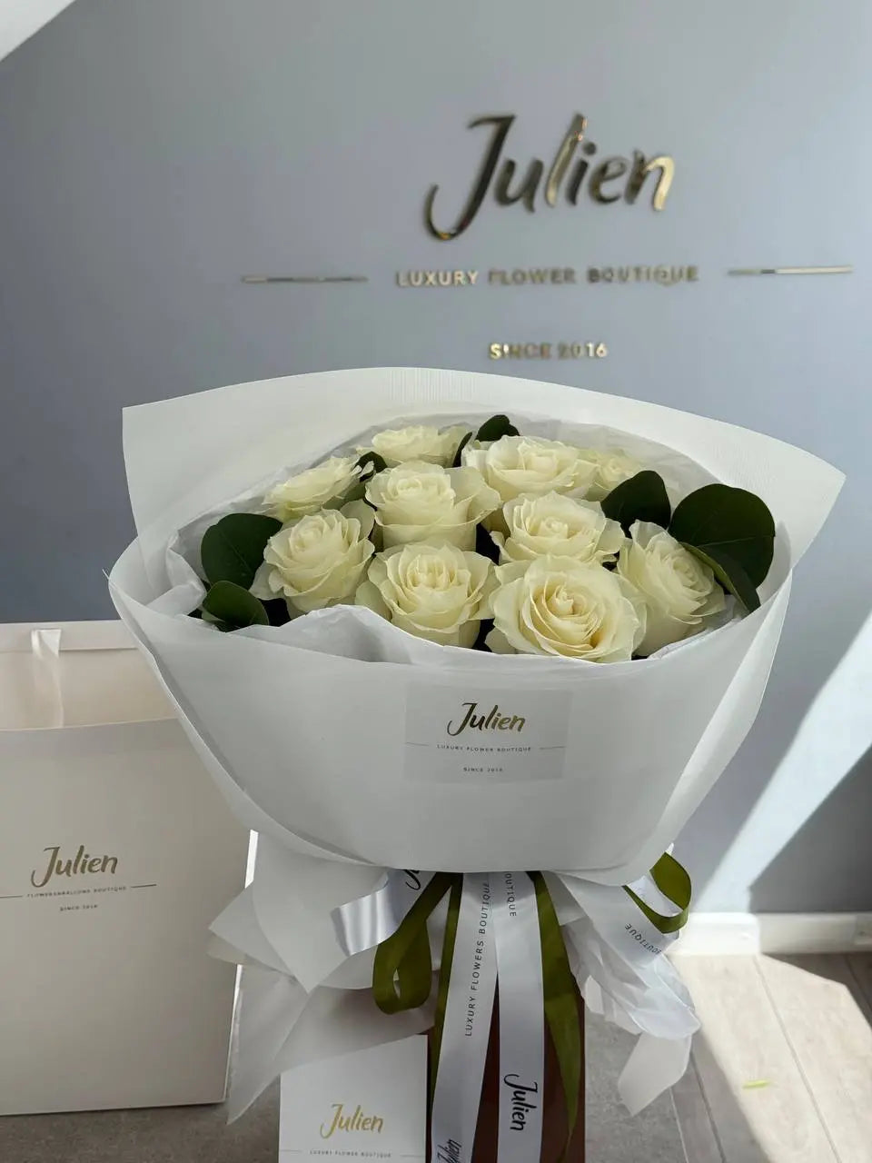 The Belgravia Blanc — Signature White Rose & Eucalyptus Boutique Bouquet