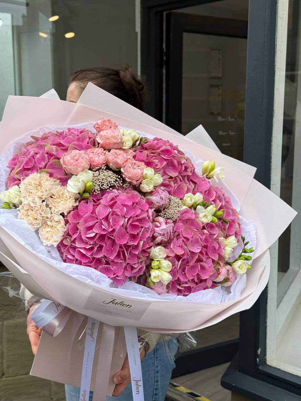 The Flamingo Blush — Bubblegum Hydrangea & Apricot Blossom Hand-Tied Bouquet