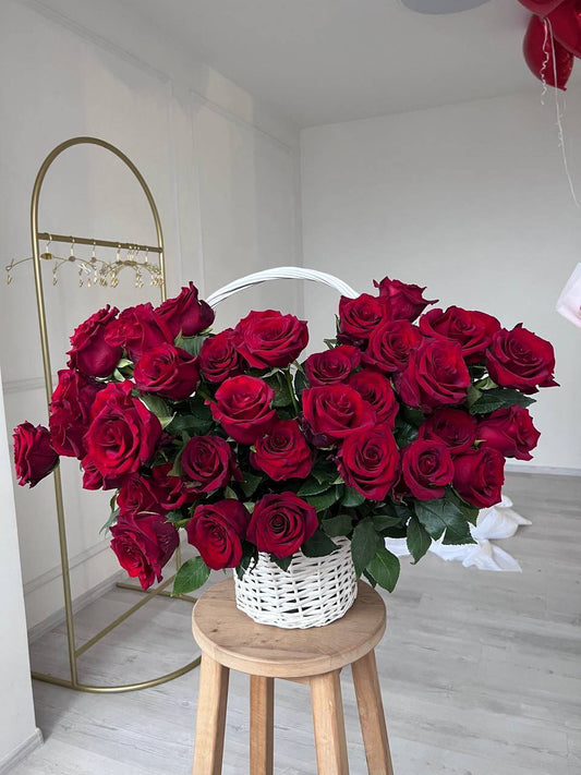 80 Red Roses in a White Basket