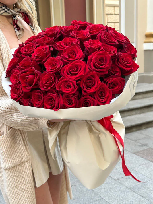 Luxury Hand-Tied Bouquet of 50 Red Roses