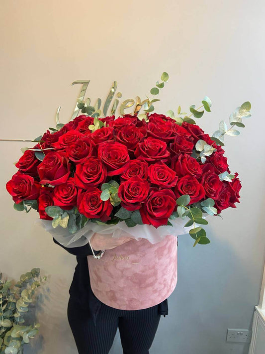 Luxury Flower Box of 80 Red Roses with Greenery