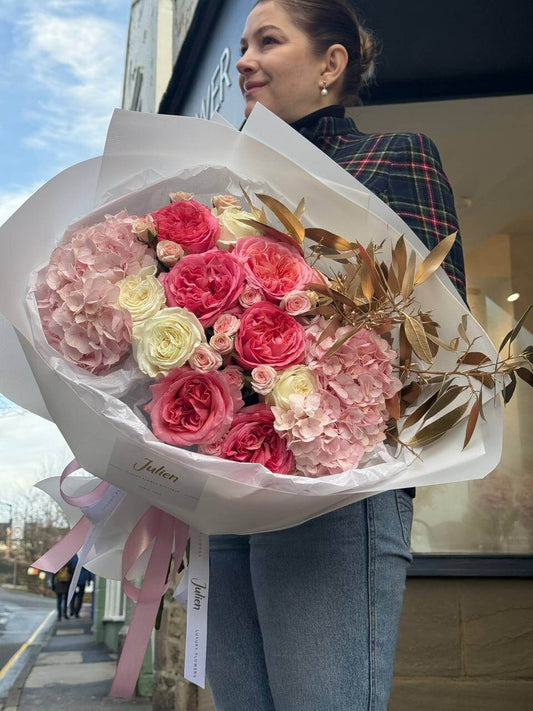 Hand-Tied Bouquet with Pink Hydrangeas & Garden Roses