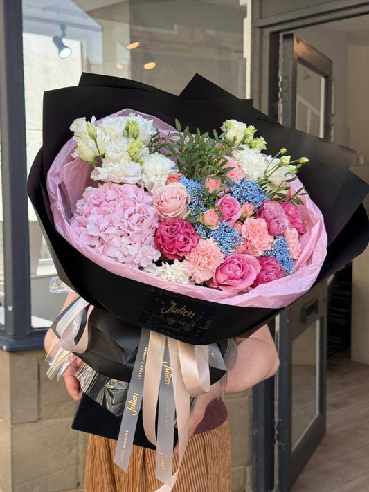 The Midnight Velvet — Magenta Garden Rose & Blush Hydrangea Hand-Tied Bouquet