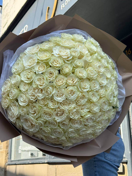 The Grand Imperial — 100 Luxury White Roses Hand-Tied Bouquet