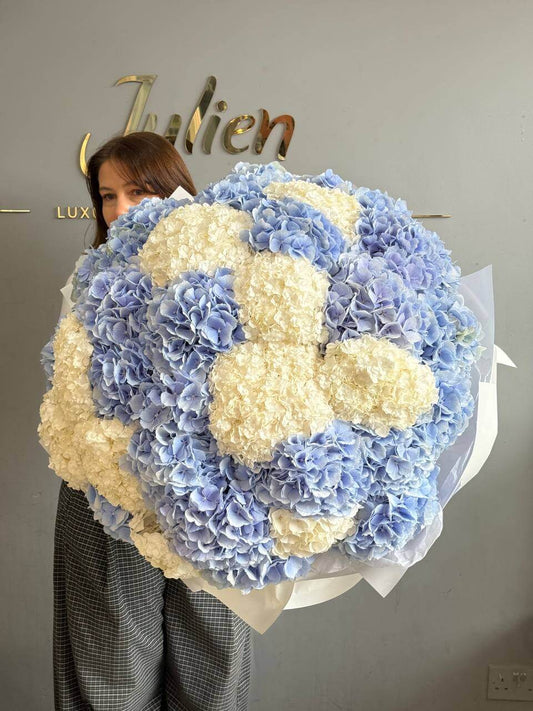 The Grand Azure Cloud — XXL 35-Head Sky Blue & Ivory Hydrangea Showstopper