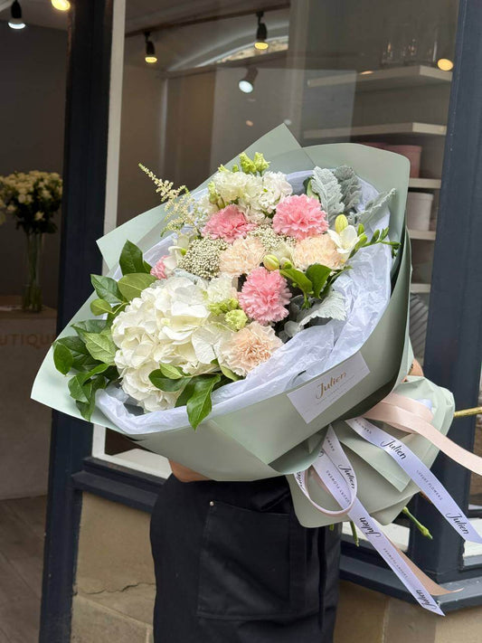 The Cotswold Meadow — Pastel Hydrangea & Peach Carnation Hand-Tied Bouquet